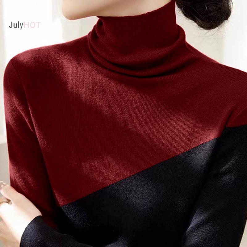 JULYHOT Áo Len Dệt Kim Mỏng Hàn Quốc Cổ Cao Màu Sắc Contrasting Cho Nữ