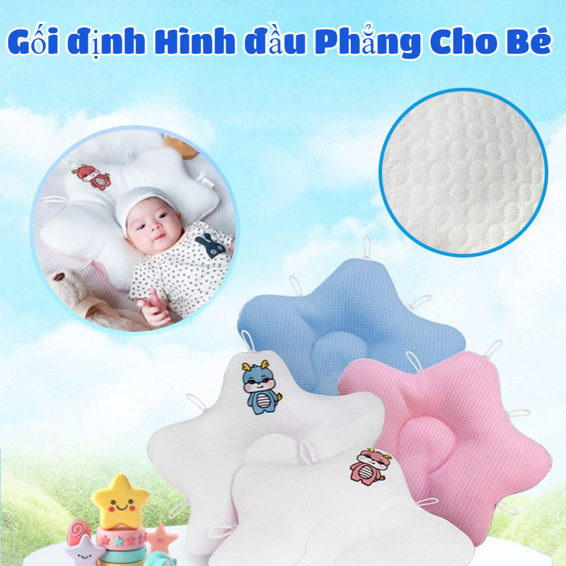 Gối định Hình đầu Phẳng Cho Bé,2 Mặt Thoáng Khí,gối Kháng Khuẩn Thoáng Khí,Dây Rút Điều Chỉnh 5 Đầu Cao Cấp
