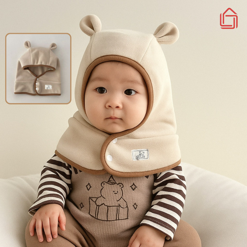 Mũ Liền Khăn Choàng Bảo Vệ Tai, Cổ, Chống Gió Lạnh, Mũ Trùm Đầu Giữ Ấm Cho Bé Mùa Đông
