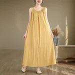 Nữ Retro Vải Lanh Cotton Xếp Ly Đầm Không Tay Mùa Hè 2025 Hàng Mới Về Rời Phù Hợp Thoải Mái Thường Ngày Maxi Dài Đầm 1127 — ảnh 6