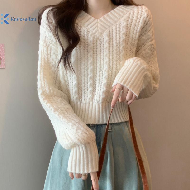 Kudosation Nữ Thời Trang Retro Cổ Chữ V Dài Tay Phù Hợp Với Áo Len Dệt Kim Ngắn Xoắn