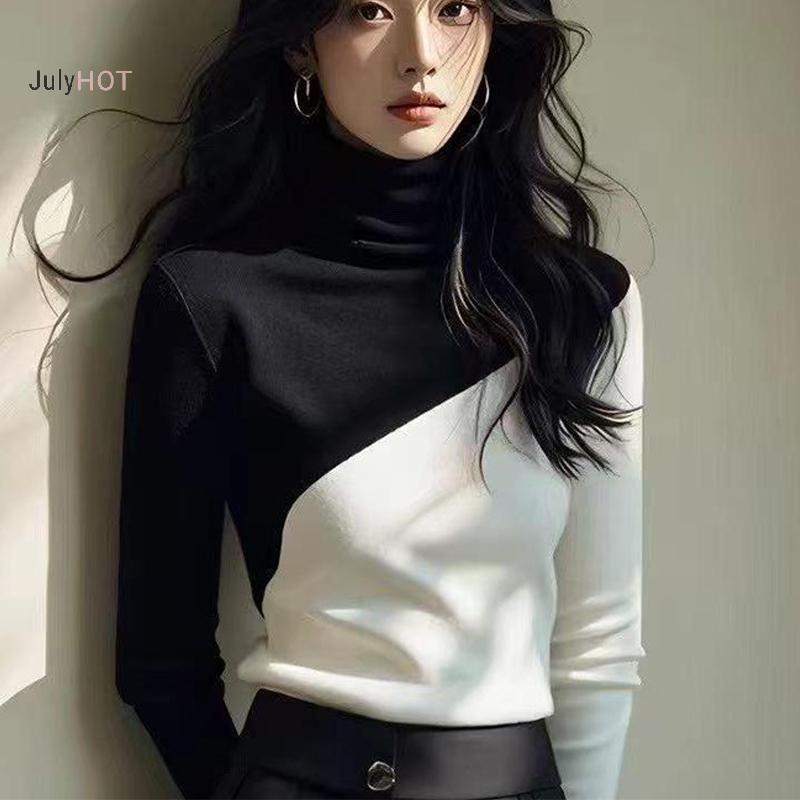 JULYHOT Áo Len Dệt Kim Mỏng Hàn Quốc Cổ Cao Màu Sắc Contrasting Cho Nữ