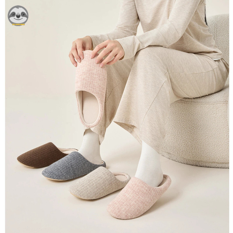 Phong cách Nhật Bản Muji Đôi sọc đen Dép cotton chống trượt / Dép ấm tại nhà / Dép đi chơi giữ ấm