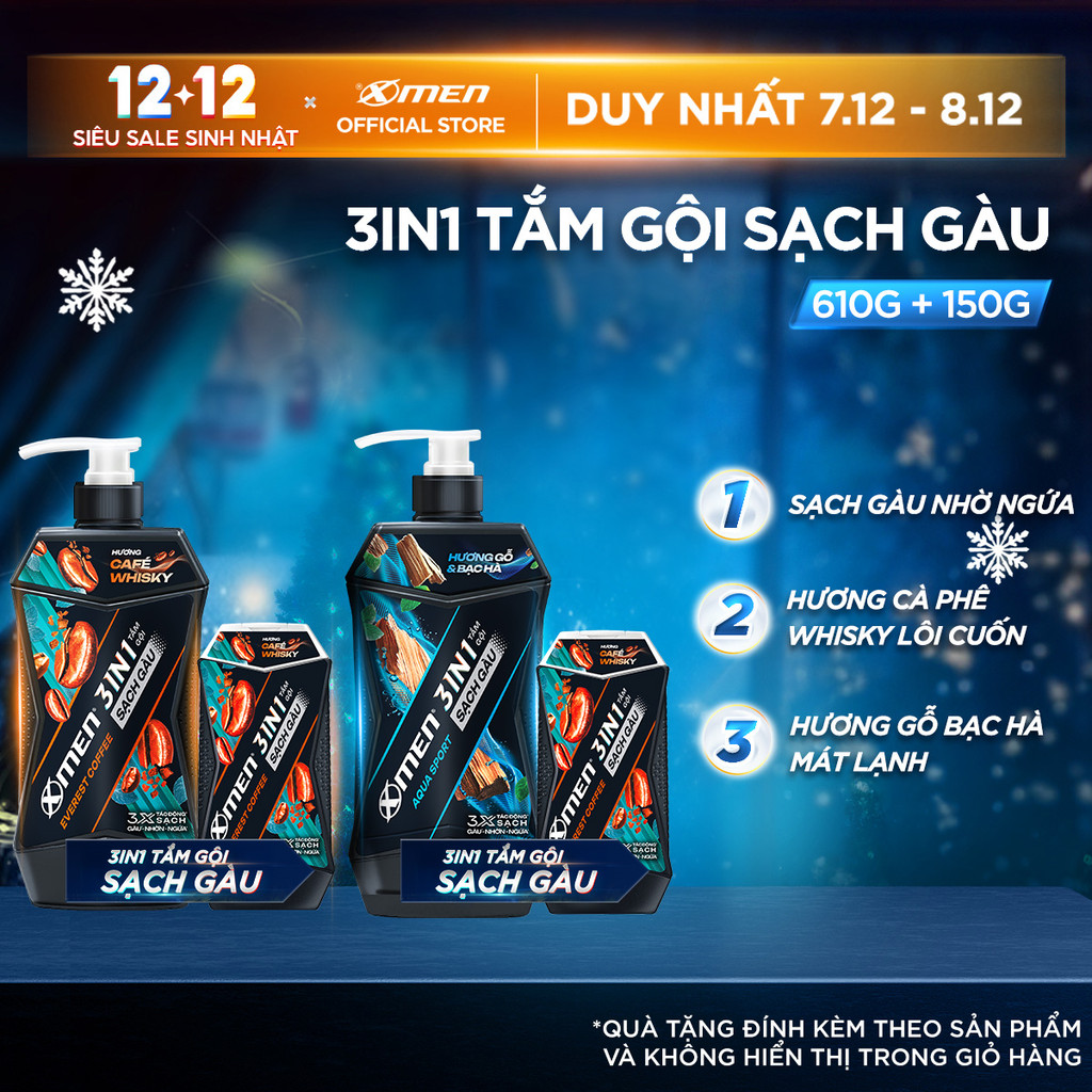 Combo Tắm Gội Sạch Gàu 3in1 Xmen Everest Coffee/ Aqua Sport 610g và Tắm Gội Coffee 150g