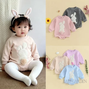 Trẻ sơ sinh Bé trai / gril Áo liền quần mùa thu Fuzzy Bunny Thêu cổ tròn dài tay Áo liền quần Phục sinh