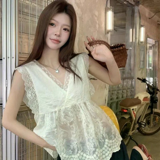 Áo sơ mi ren rỗng xù màu be trắng, phong cách thêu cổ chữ V, thiết kế sling không tay, phù hợp mùa hè đến thu đông