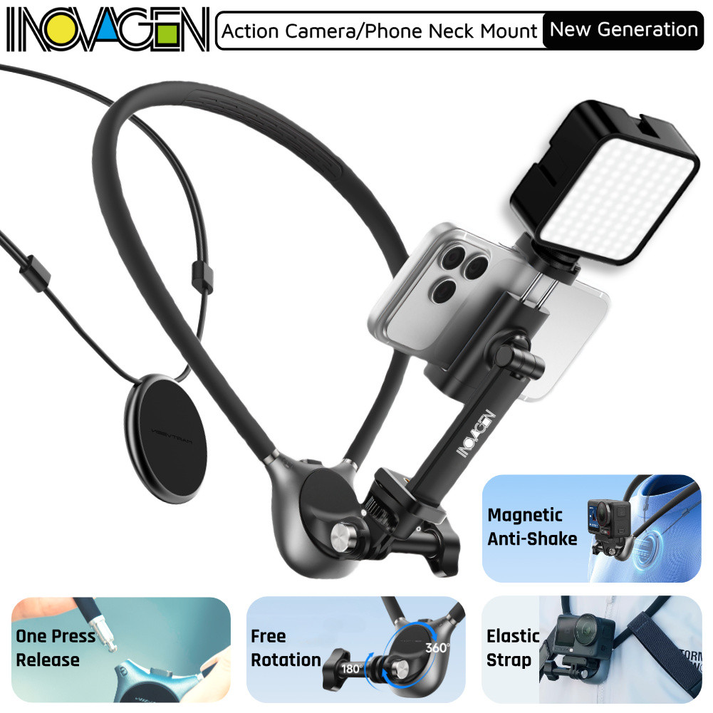 INOVAGEN Giá đỡ cổ POV từ tính thế hệ mới cho GoPro, DJI, Insta360 & Điện thoại, Chống rung & lấp đầy ánh sáng Tương thích, Dây đeo đàn hồi, Giá đỡ điện thoại gắn cổ