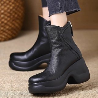 Giày Bốt Ngắn Nữ Mũi Tròn Dày Gót Lưng Dây Kéo Thời Trang Ôm Hơn Nhìn