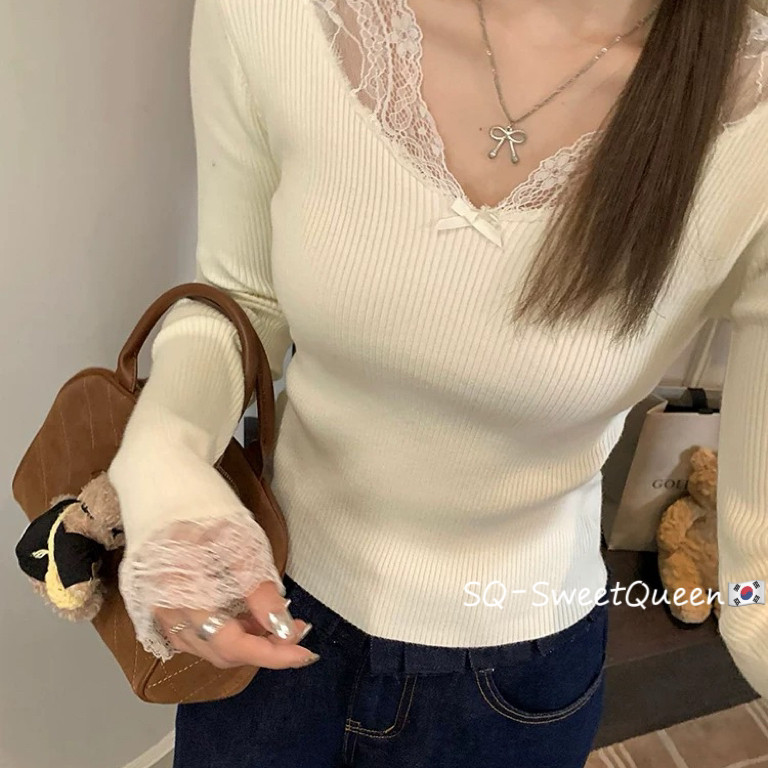 Mặc một mình Pure Desire Ren Trim Áo len dệt kim