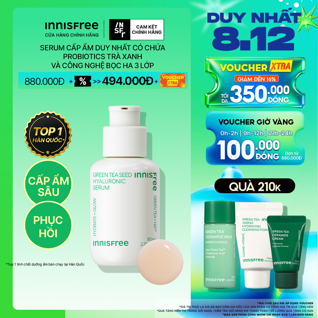 Serum trà xanh cấp ẩm sâu phục hồi da, với Probiotics INNISFREE Green Tea Seed Hyaluronic Serum 80mL