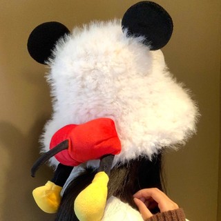 Mũ lông Mickey bàn tay dễ thương nữ mùa đông & thu - Dịu dàng làm khuôn mặt nhỏ, ấm áp chống rét, mũ thùng sinh viên thời trang
