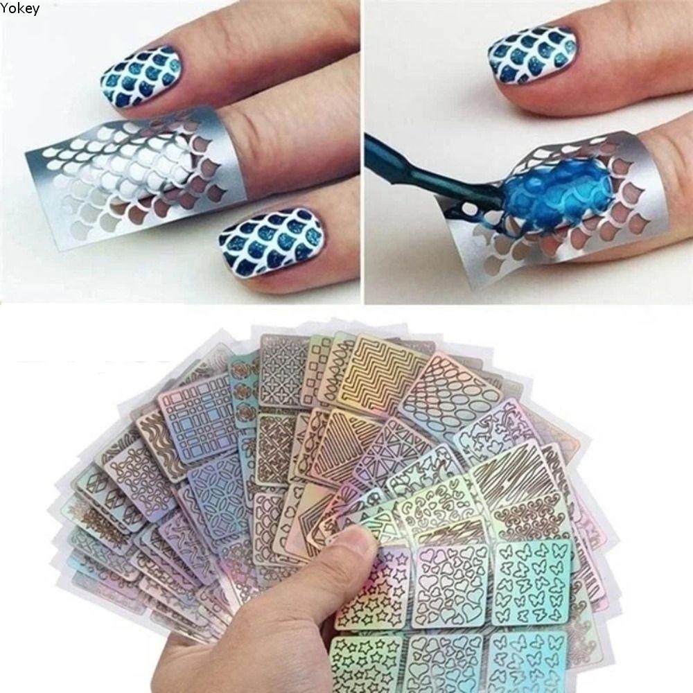 YOKEY 6 / 12 / 24 / 26 Chiếc Móng Tay Nghệ Thuật Stencil, Bộ Miếng Dán Móng Tay Dính Rỗng, Phụ Kiện Móng Tay Thiết Kế Làm Móng Tay Laser Bản Mẫu Tranh Ba Chiều Dụng Cụ Làm Móng Tay