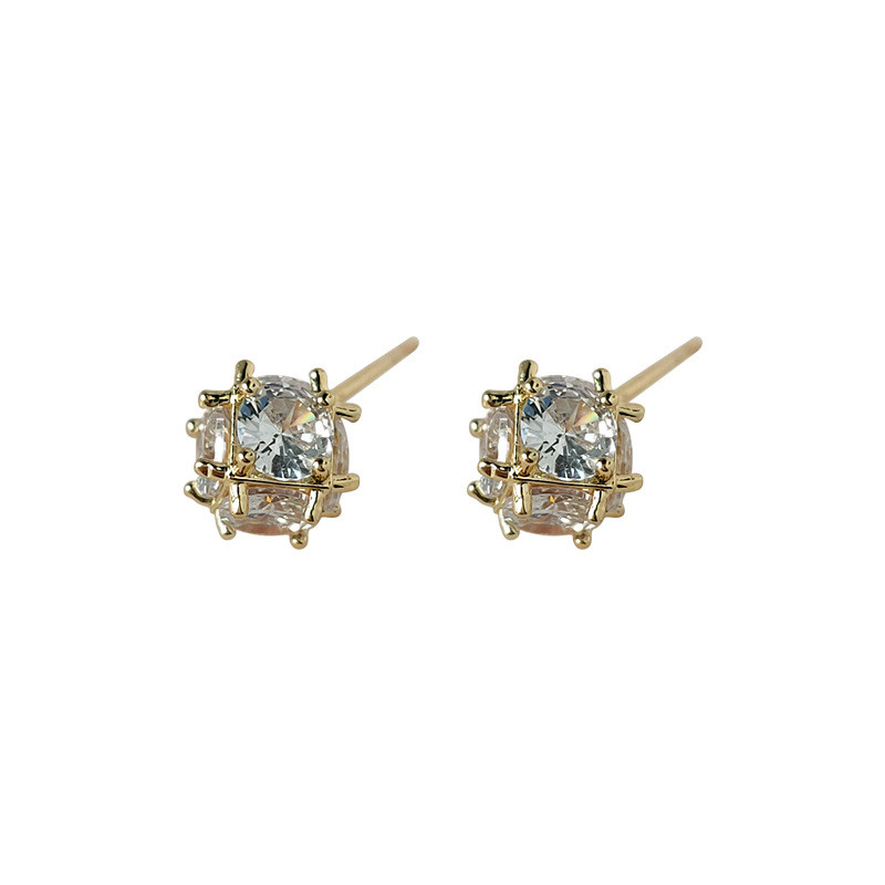 Bạc 925 Mạ Kim 14K Ba Chiều Nhiều Mặt Hình Học Vuông Zircon Bông Tai Đơn Giản Bông Tai Bông Tai
