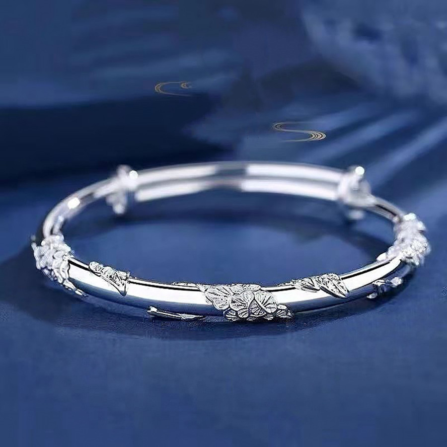 Bạc 925 Lắc Tay Nữ Hoạ Tiết Hoa Nở, Điều Chỉnh Size