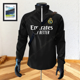 Áo tập bóng đá Real Madrid và Barcelona, nửa zipper, dài tay đen/trắng, thoáng khí và nhanh khô
