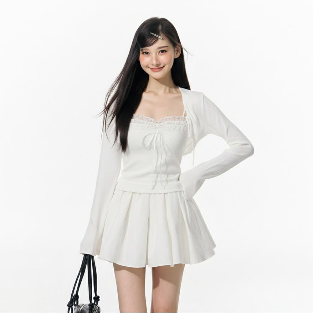 Áo 2 Dây Nữ BABEE Viền Ren Phối Nơ Kèm Khoác Cardigan Tay Dài Chất Thun Co Dãn Nhẹ Nhàng Nữ Tính