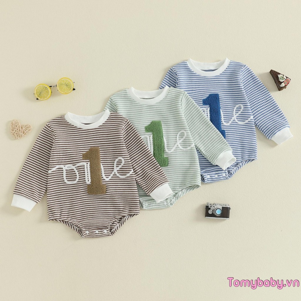 Bộ áo liền quần sọc sinh nhật cho bé trai Bộ áo liền quần dài tay cổ tròn thêu