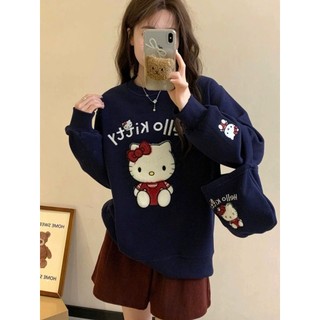 Áo sweater chất nỉ bông cổ tròn in hình hello kitty dành cho nữ