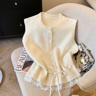(PRE ODER) Áo len gile phối ren cổ điển form xinh vintage Hàn Quốc hai màu trắng và xám