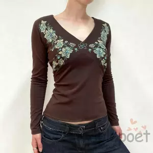 MAPLEPOET-Áo thun cổ chữ V dài tay in hoa mùa thu dành cho nữ