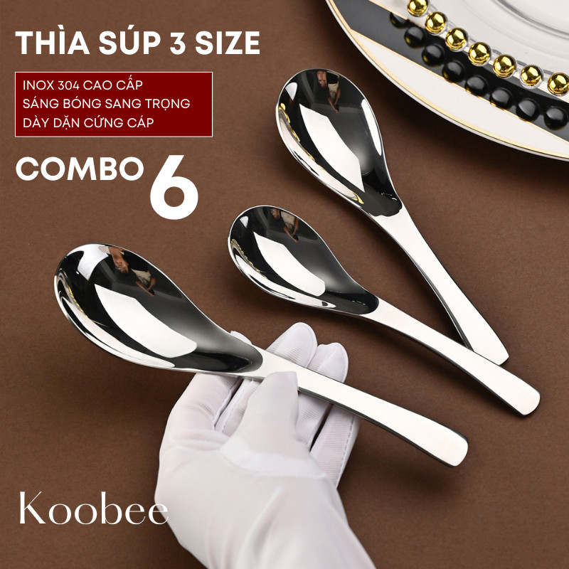 Combo 06 Muỗng Thìa Inox 304 Bầu Tròn Cán Cong 3 Size Cao Cấp KOOBEE – Ăn Phở, Cháo, Súp (BA40)