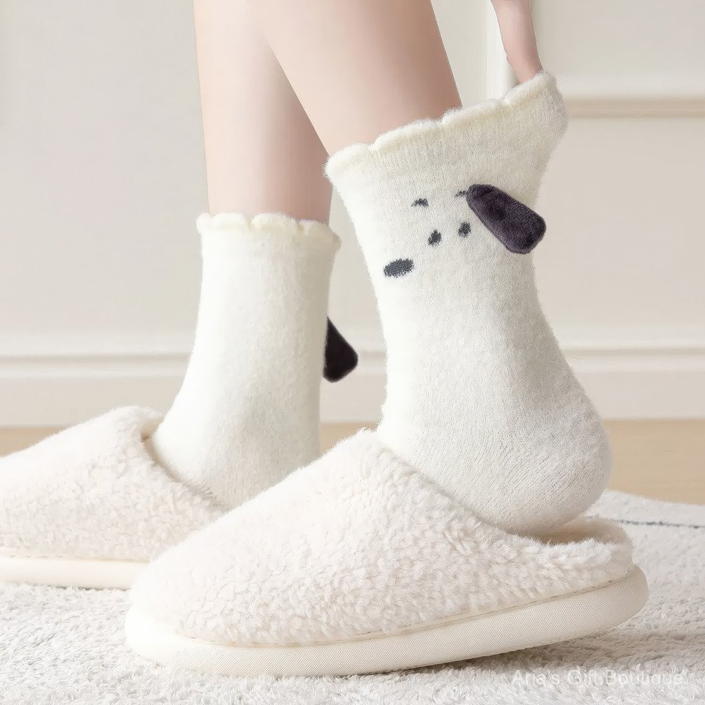Tất Snoopy mùa đông lót dày len bông tuyết, ống giữa siêu ấm áp cho ngủ