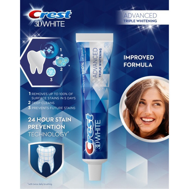 Kem Đánh Răng Crest 3D White Advanced Triple Whitening 147g - Làm Trắng Gấp Ba, Chống Ố Vàng & Bảo Vệ Men Răng