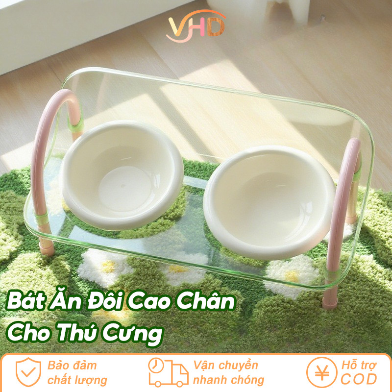 Bát Ăn Cao Chân Cho Chó Mèo - Thiết Kế Đôi Ngăn Riêng Biệt, Chống Trượt, Phù Hợp Đựng Thức Ăn Khô & Ướt
