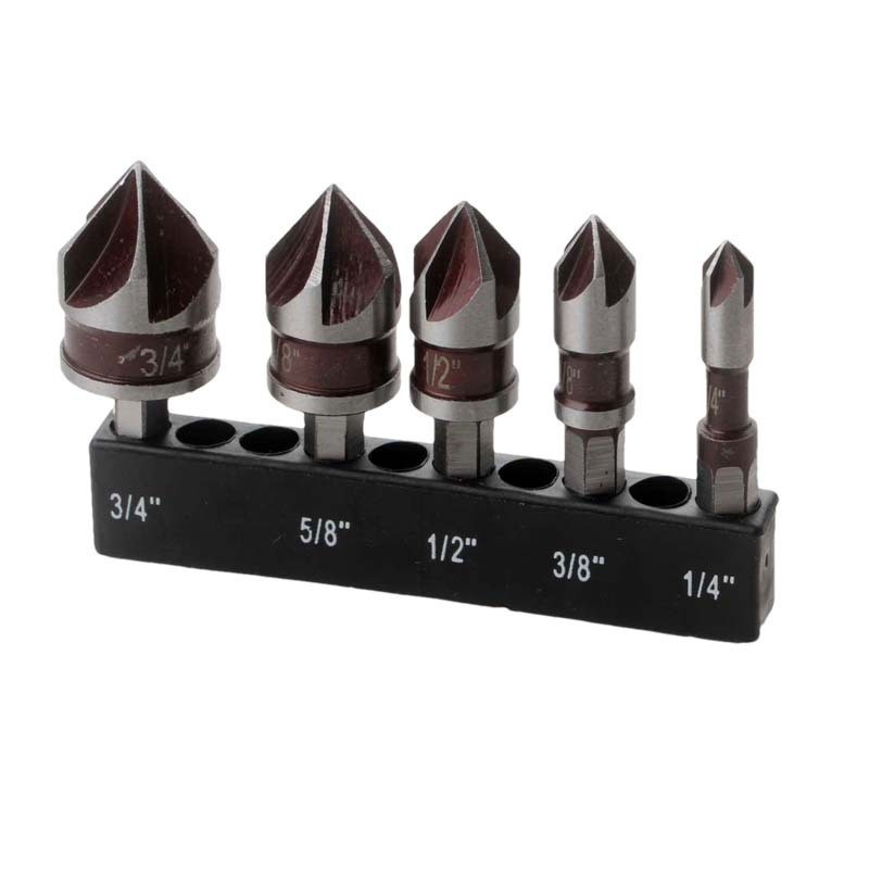 Bộ 5 món nhà máy Red 82°Hex Shank Thiết bị vát năm cánh Chamfering Knife Countersunk Khoan vít Countersunk D