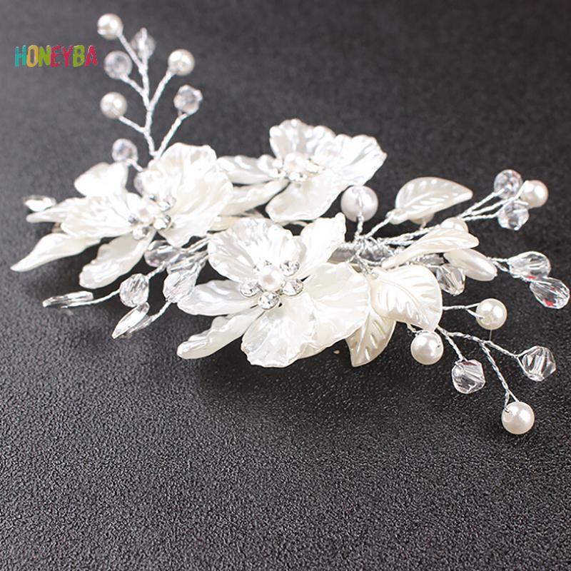 < Honeyba > Cô Dâu Pha Lê Ngọc Trai Hoa Trang Sức Tóc Cưới Phụ Kiện Tóc Sang Trọng