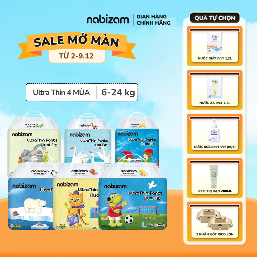 Combo 4 Bịch Tã/Bỉm Quần NABIZAM ULTRA THIN 4 Mùa Mỏng Mềm Hơn, Thấm Hút Nhanh Hơn Size Cho Bé 6-24kg