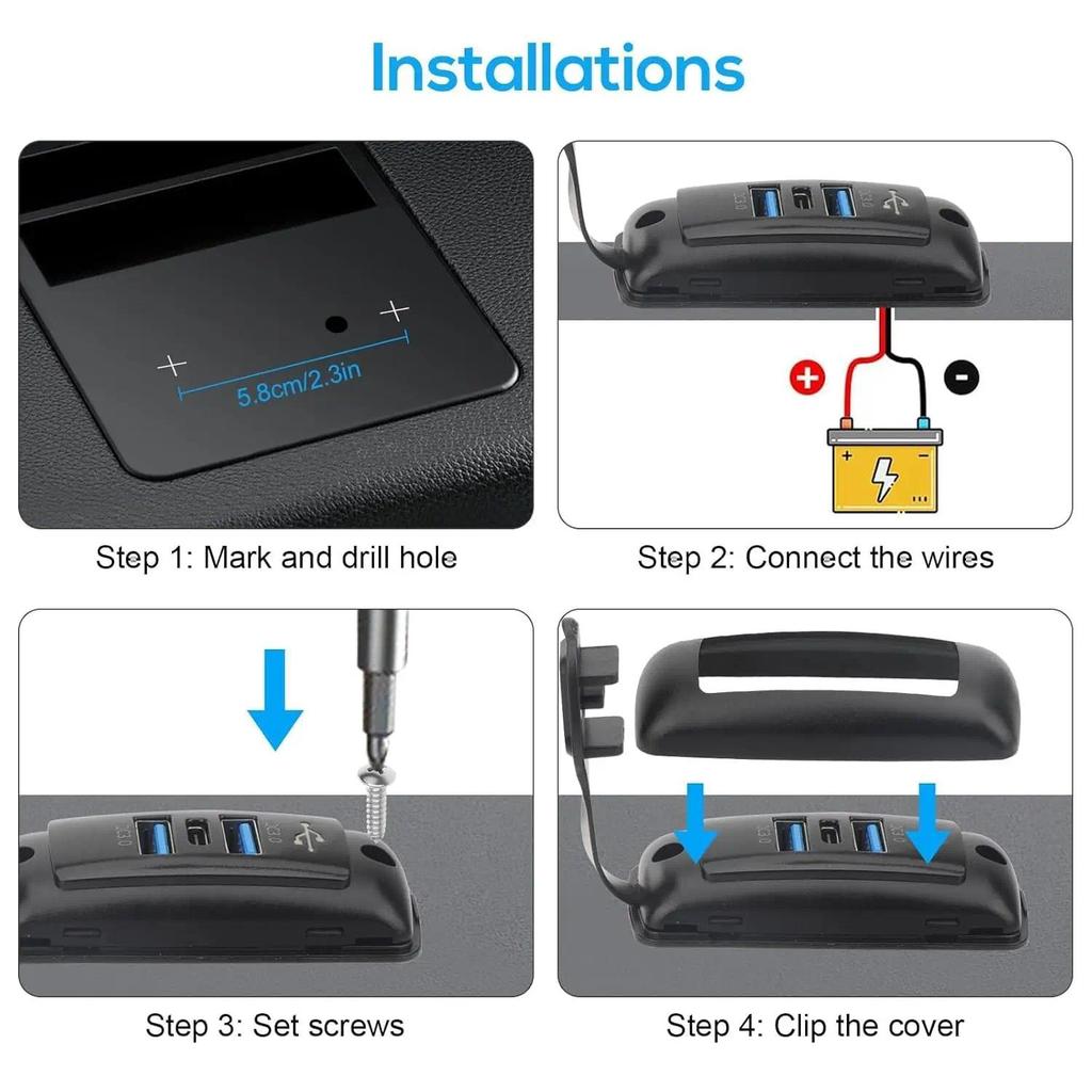 Sạc Xe Hơi USB Dual QC3.0 PD Type-C Sạc Tự Động Đa Năng Chống Thấm Nước Và Chống Bụi 12-24V Cho Xe Máy Ô Tô ATV Thuyền