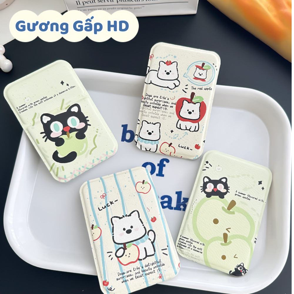 Gương Gập Để Bàn Hoạt Hình Dễ Thương – Gương Trang Điểm Mini Cầm Tay DINO, Chất Liệu Da PU Cao Cấp, Nhỏ Gọn Xinh Xắn