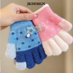 Găng tay dệt kim trẻ em JKDESIGN, Găng tay đầy đủ ngón tay sang trọng dày dặn cho trẻ em, Găng tay chống gió hoạt hình dễ thương mùa đông ấm áp