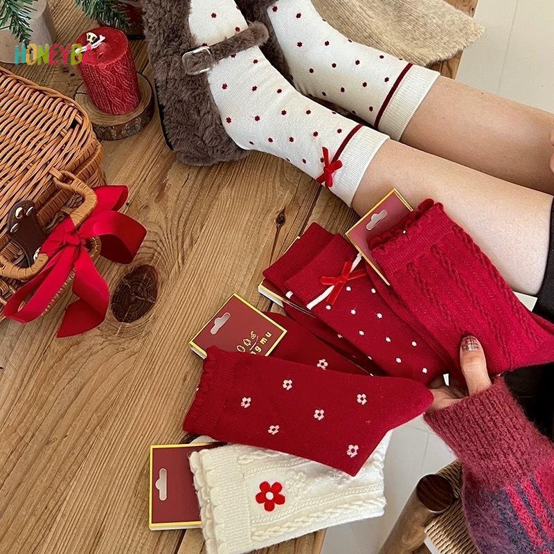 < Honeyba > 5 Đôi Tất Giáng Sinh Nữ Ông Già Noel Dễ Thương Thu Đông Nai Sừng Tấm Nữ Giữa Bắp Chân Tất Lễ Hội Giáng Sinh Vui Vẻ Tất