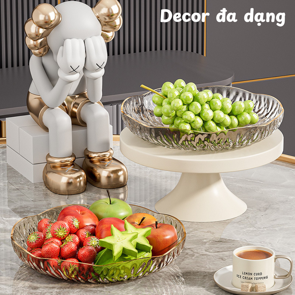 Đĩa Pha Lê Nhựa Cánh Hoa Cao Cấp Viền Vàng, Đĩa Đựng Trái Cây, Bánh Kẹo Sâu Lòng