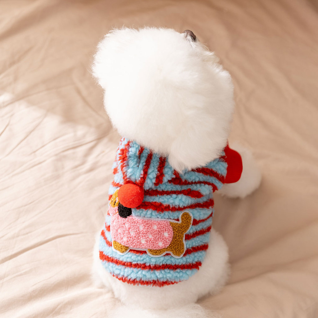 【Ready Stock】 Autumn and Winter Pet Clothing Stripes Dachshund Traction Hooded Thickened Thermal Feet Fluffy Jacket Puppy Clothes gZlV