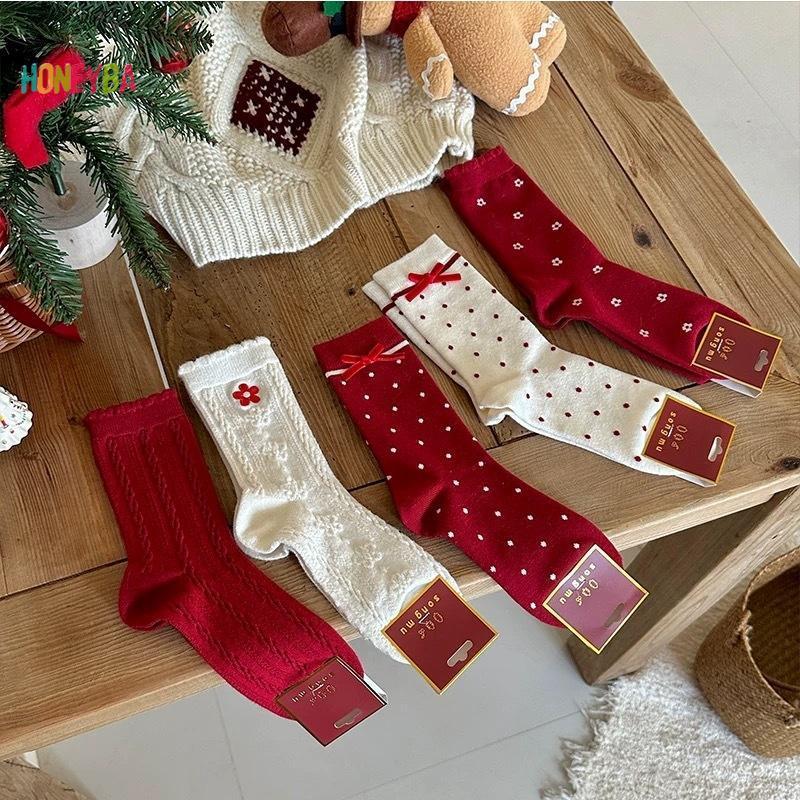 < Honeyba > 5 Đôi Tất Giáng Sinh Nữ Ông Già Noel Dễ Thương Thu Đông Nai Sừng Tấm Nữ Giữa Bắp Chân Tất Lễ Hội Giáng Sinh Vui Vẻ Tất
