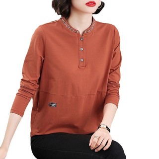 Áo thun dài tay cổ tròn thêu dành cho mẹ trung niên, vừa vặn và thời trang