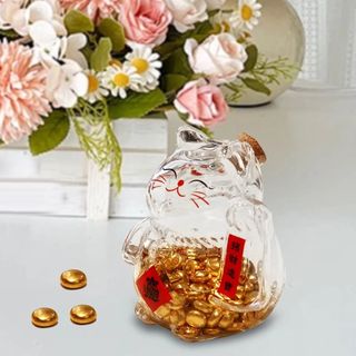 [Giao hàng từ Việt Nam] FURNICLICK Piggy Bank, Lọ đựng tiền thủy tinh, Chai đựng đậu vàng hình mèo may mắn hoạt hình Mini dễ thương để trang trí văn phòng phòng phòng khách