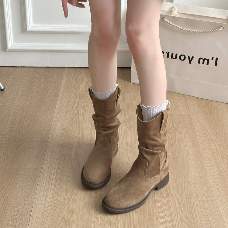 Mùa Thu Đông Retro Da Lộn Tròn Tay Ống Cao Thời Trang Giày Bốt Thời Trang Thường Ngày Ngoài Trời Chống Trơn Trượt Chống Mài Mòn Giữa Ống Giày Nhà Máy
