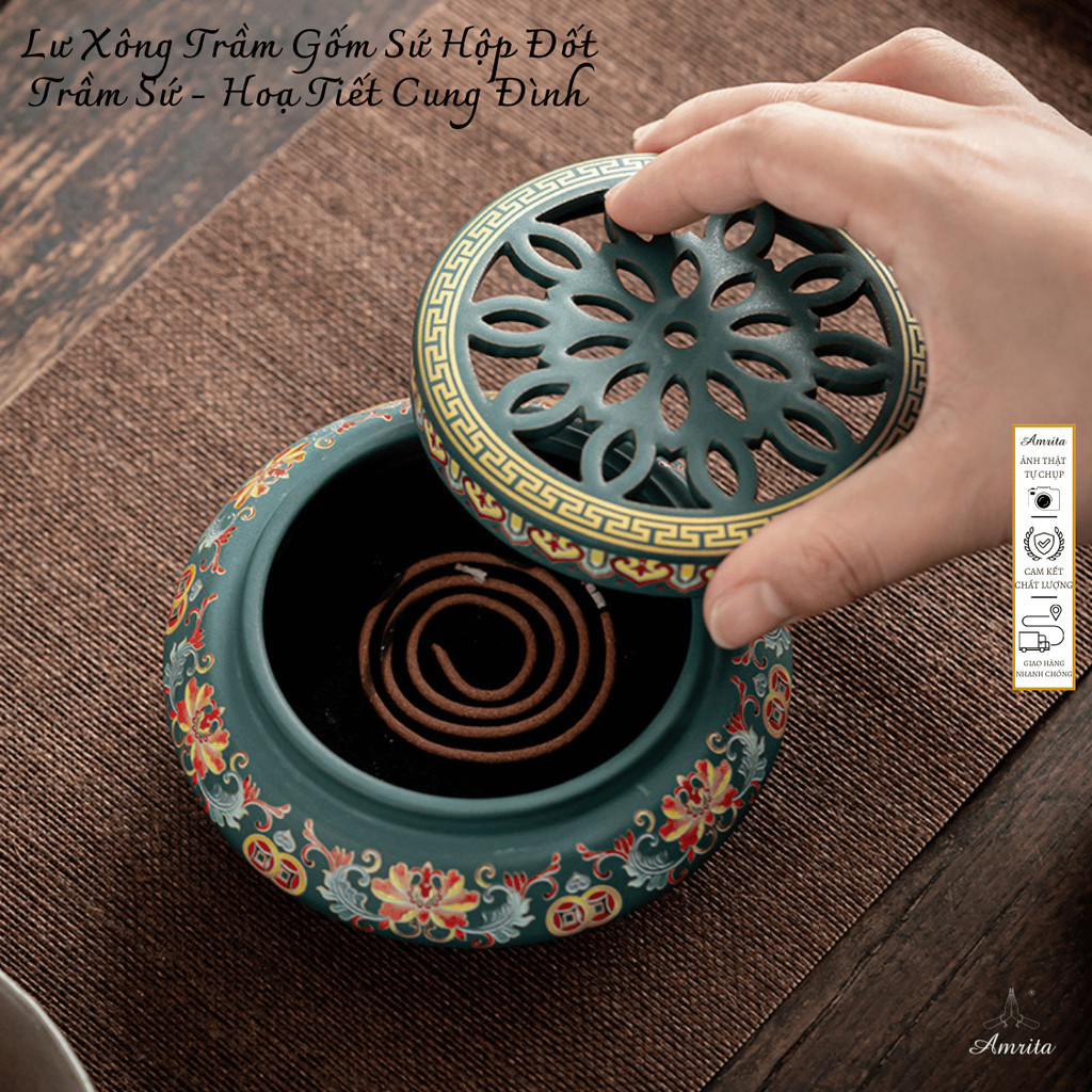 [Amrita] Lư Xông Trầm Gốm Sứ Hộp Đốt Trầm Sứ - Hoạ Tiết Cung Đình - CXNP175
