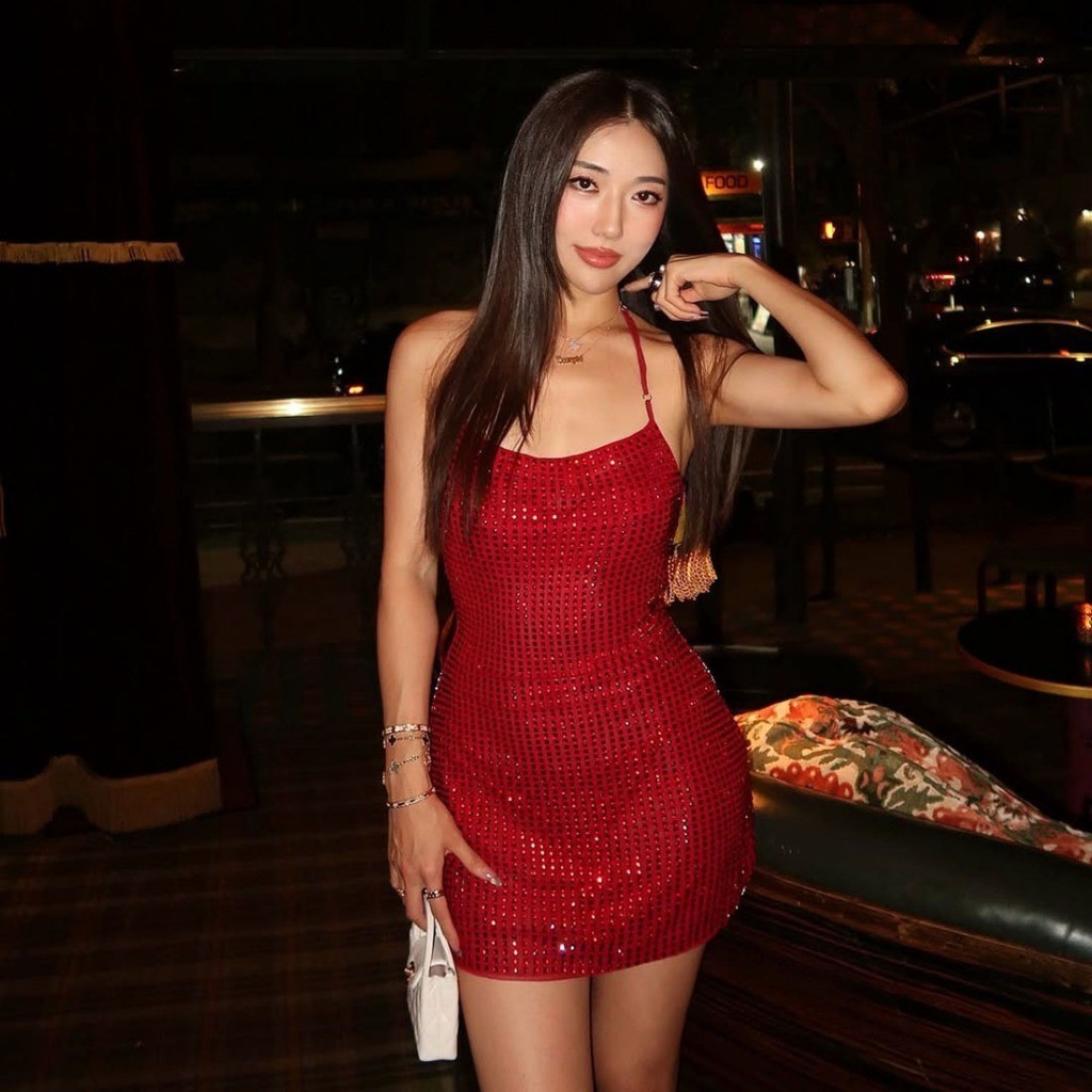 Cutenew Gợi Cảm Giáng Sinh Dây Đầm ôm Lưng Kim Cương Giả Thấp Ngực Lễ Tình Nhân Đào Hông Hottie Co Giãn Slim Bodycon