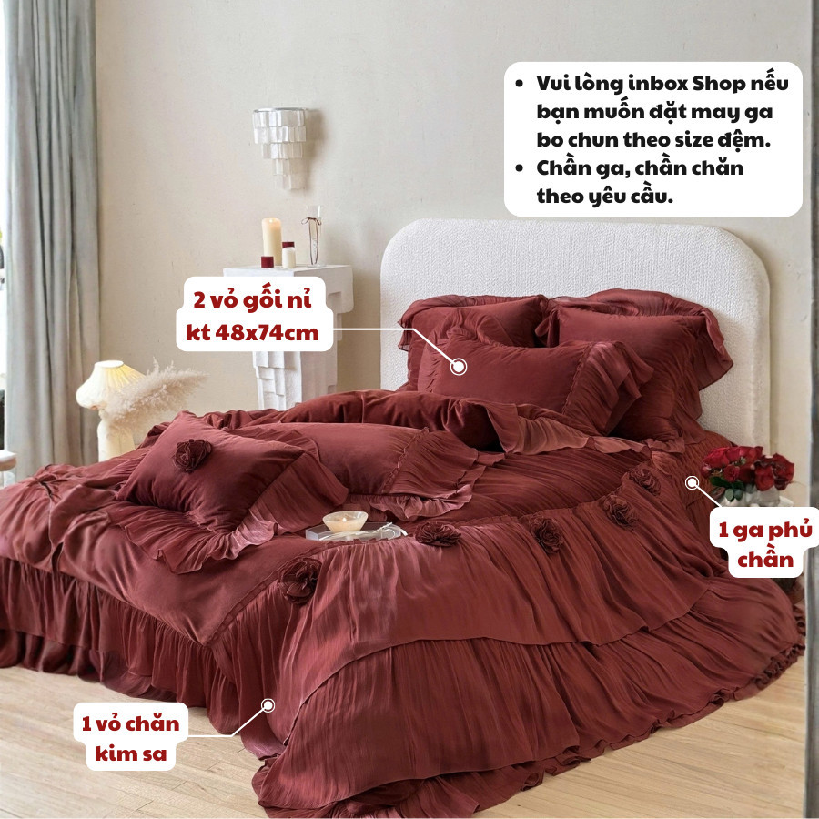 (L41708) Bộ vỏ chăn ga gối nỉ lịm phong cách dạ hội Memminbedding Luxury viền xếp ly đính hoa điệu đà, xinh xắn