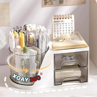 Hộp Đựng Bút Xoay 360 Độ, Hộp Bút Bàn Học Kèm Ngăn Kéo 2 Tầng Tiện Dụng Decor Phòng, Bàn Học