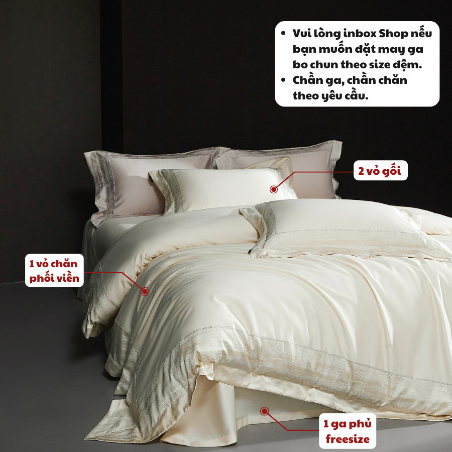 (L41721) Bộ vỏ chăn ga gối lụa Memminbedding Luxury viền ánh bạc sang trọng, thanh lịch, tạo điểm nhấn tinh tế