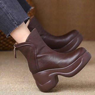 Giày Bốt Ngắn Nữ Mũi Tròn Dày Gót Lưng Dây Kéo Thời Trang Ôm Hơn Nhìn