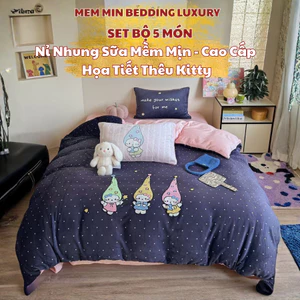 Bộ ga gối nỉ nhung 5 món MemMinBedding Luxury họa tiết thêu Kitty nổi kèm gối decor, ấm áp, mềm mại dễ thương
