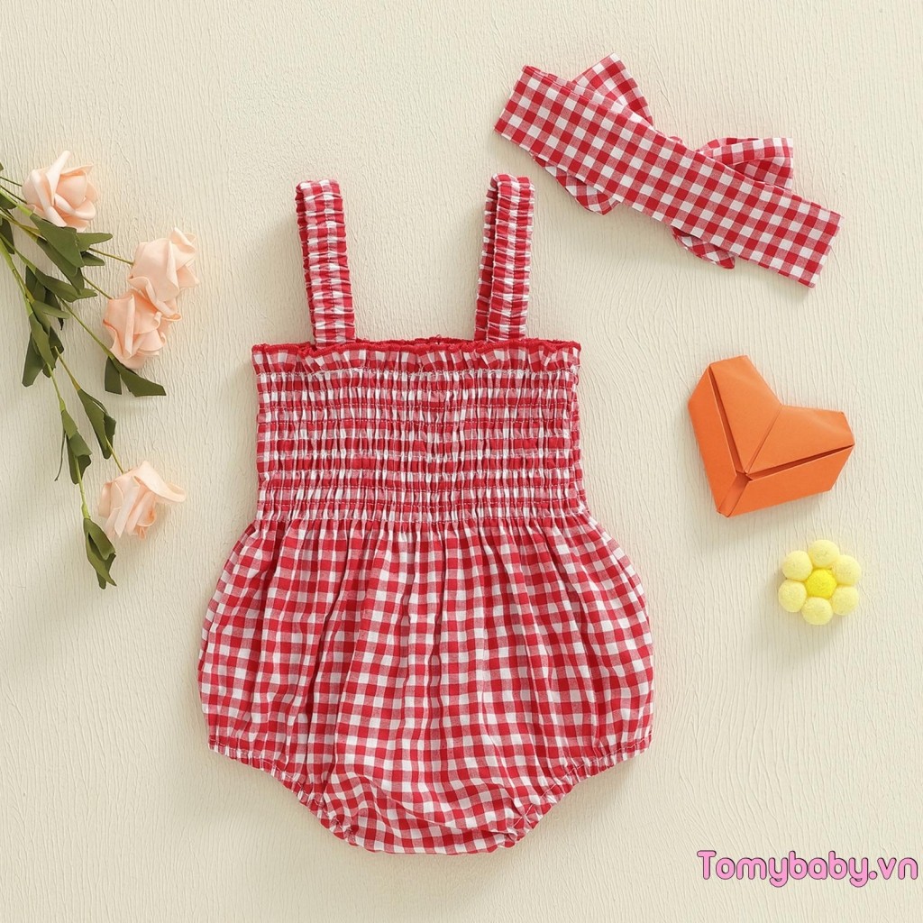 Bé Gái Ngày Lễ Tình Nhân Áo Liền Quần Kẻ Sọc Trái Tim Táo Không Tay Suspender Jumpsuit Có Băng Đô
