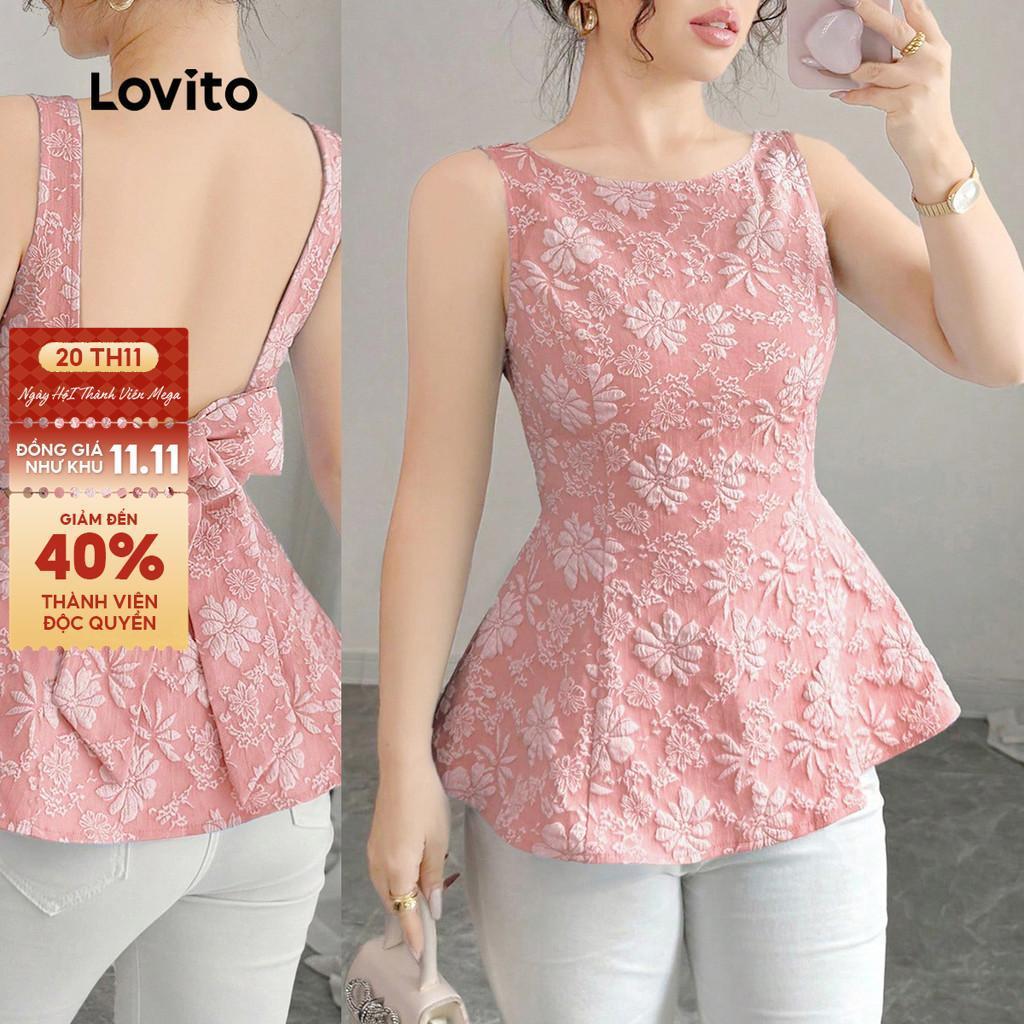 Lovito Áo nữ Xuân/Hè màu hồng có nơ trên lưng hàng jacquard thanh lịch L143ED406